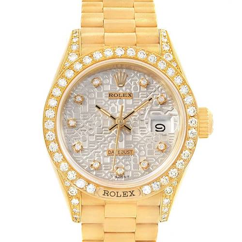The image shows a frontal view of a Rolex President 69158 Women's Yellow Gold Silver Dial 69158 Women's Yellow Gold Silver Dial model watch, displaying the dial, bezel, bracelet, and crown.