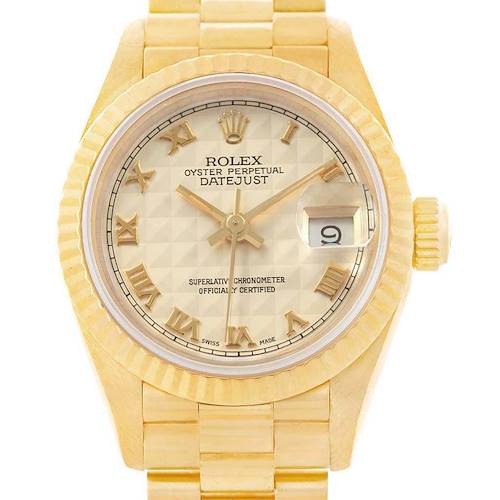 This image of a Rolex President 69178 Women's Yellow Gold Beige Dial 69178 Women's Yellow Gold Beige Dial model shows the watch face, bezel, crown, and part of its bracelet, taken from a top view angle.