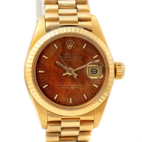 The image shows a front view of the Rolex President 6917 Women's Yellow Gold Champagne Dial 6917 Women's Yellow Gold Champagne Dial model watch, featuring the dial, bezel, crown, and part of the bracelet.