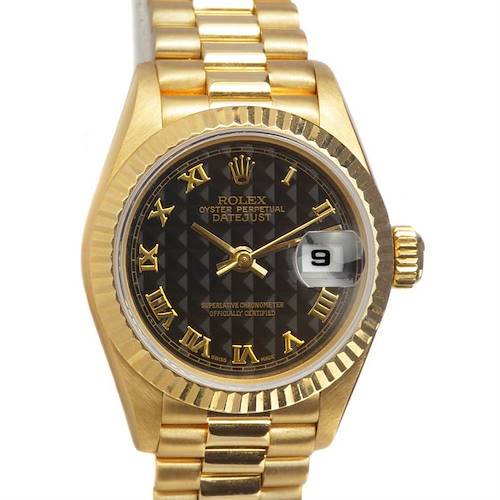 This image shows a Rolex President 69068 Women's Yellow Gold Black Dial 69068 Women's Yellow Gold Black Dial Datejust model watch from the front, displaying the face, hands, date window, and bracelet.