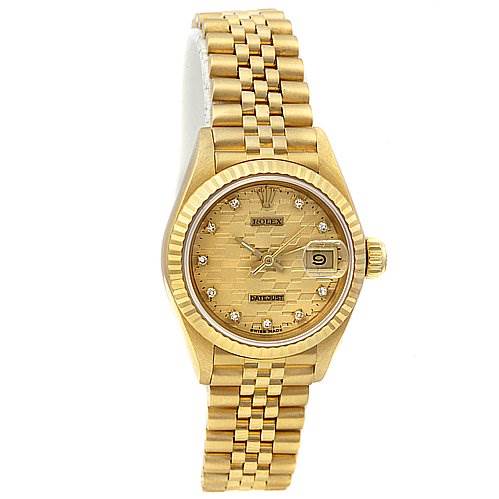 The image shows a front view of the Rolex President 69178 Women's Yellow Gold Champagne Dial 69178 Women's Yellow Gold Champagne Dial model watch, highlighting the face, bezel, crown, and bracelet.