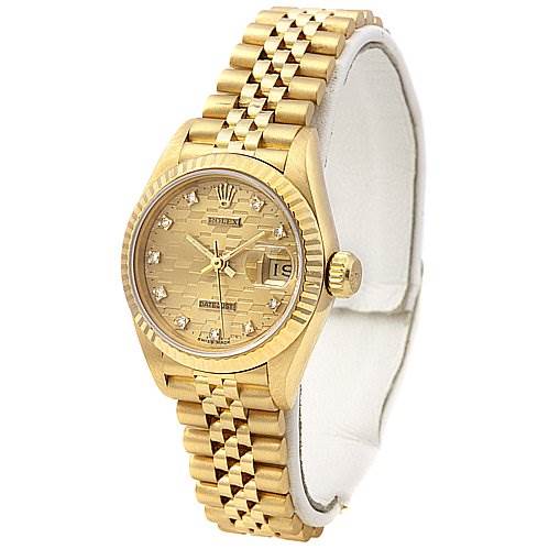 This image shows the front and side of the gold Rolex President 69178 Women's Yellow Gold Champagne Dial 69178 Women's Yellow Gold Champagne Dial watch, highlighting its bracelet, dial, and crown.