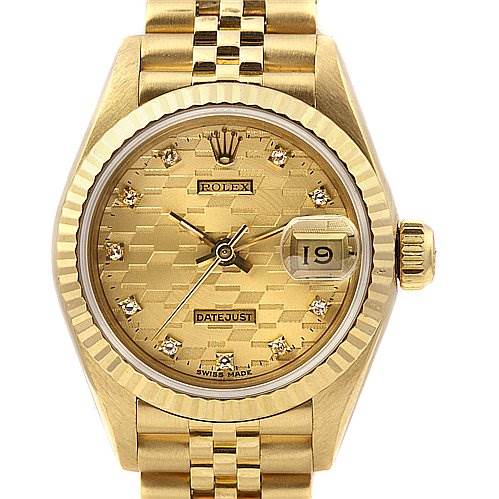 The image shows a frontal view of a Rolex President 69178 Women's Yellow Gold Champagne Dial 69178 Women's Yellow Gold Champagne Dial Datejust watch, displaying the face, bezel, band, and crown.