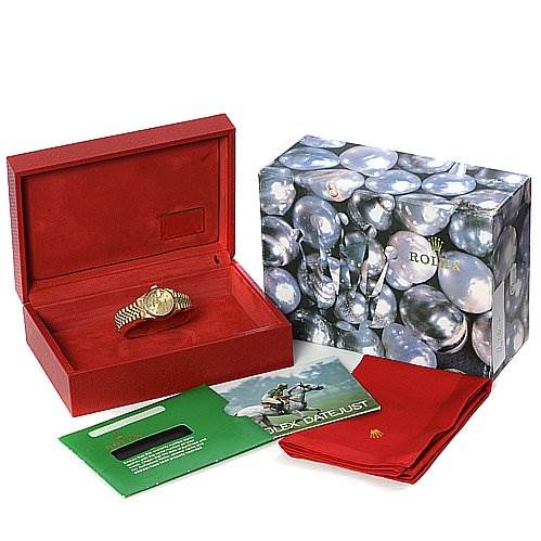 The image shows a Rolex President 69178 Women's Yellow Gold Champagne Dial 69178 Women's Yellow Gold Champagne Dial model watch in an open red box, alongside the outer box, manual, warranty card, and polishing cloth.