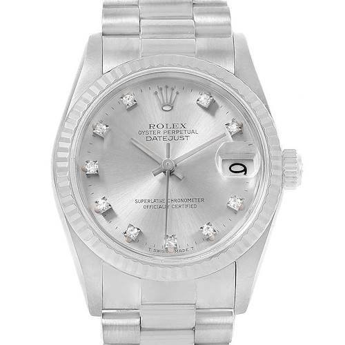 The image shows a front view of a Rolex President 68279 Women's White Gold Silver Dial 68279 Women's White Gold Silver Dial Datejust watch, featuring its dial, bezel, and bracelet.