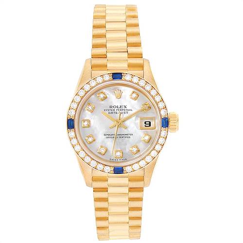 The Rolex President 79088 Women's Yellow Gold Mother of Pearl Dial 79088 Women's Yellow Gold Mother of Pearl Dial model watch is shown from the front, displaying its dial, bracelet, and bezel adorned with diamonds.