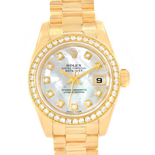 The image shows a front view of the Rolex President 179138 Women's Yellow Gold Mother of Pearl Dial 179138 Women's Yellow Gold Mother of Pearl Dial watch with a gold finish and diamond-set bezel.