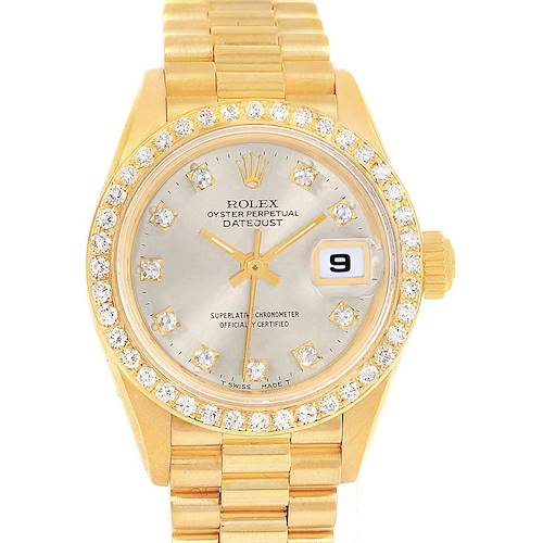 The Rolex President 69178 Women's Yellow Gold Silver Dial 69178 Women's Yellow Gold Silver Dial model watch is shown from a top-down angle, displaying its dial, bezel, bracelet, and crown.