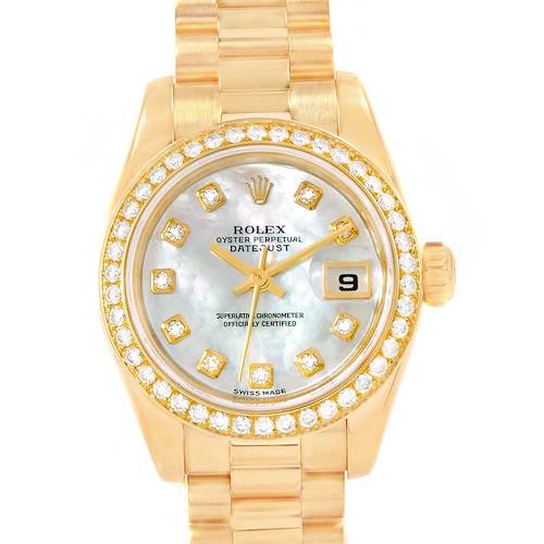 The image shows a frontal view of a Rolex President 79138 Women's Yellow Gold Mother of Pearl Dial 79138 Women's Yellow Gold Mother of Pearl Dial Datejust watch, highlighting its diamond bezel, mother-of-pearl dial, and date window.