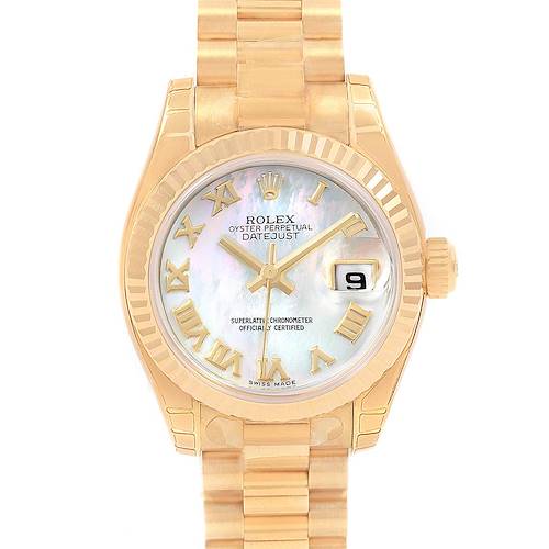 This image shows the Rolex President 179178 Women's Yellow Gold Mother of Pearl Dial 179178 Women's Yellow Gold Mother of Pearl Dial model watch from a front angle, displaying the dial, bezel, and bracelet.
