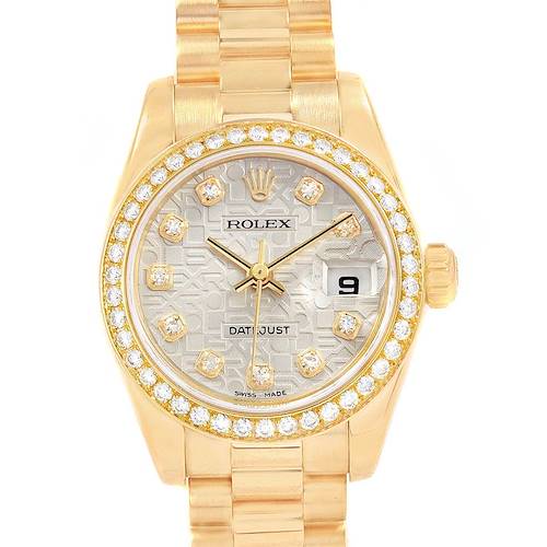 This image shows a front view of a Rolex President 179138 Women's Yellow Gold Silver Dial 179138 Women's Yellow Gold Silver Dial model watch, highlighting its gold band, diamond bezel, and date display.