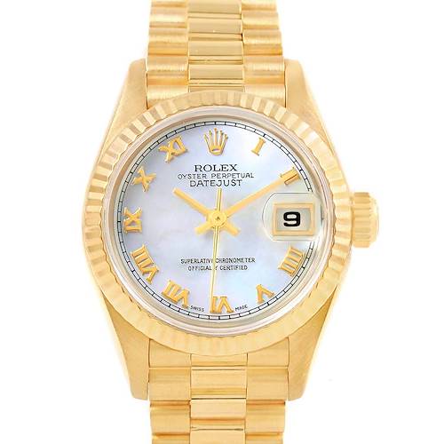 This image shows a frontal view of the Rolex President 69178 Women's Yellow Gold Mother of Pearl Dial 69178 Women's Yellow Gold Mother of Pearl Dial model’s face, bezel, and part of the gold bracelet.