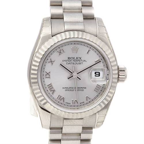 The image shows a front view of a Rolex President 179179 Women's White Gold Grey Dial 179179 Women's White Gold Grey Dial model, displaying the watch face, bezel, and part of the bracelet.