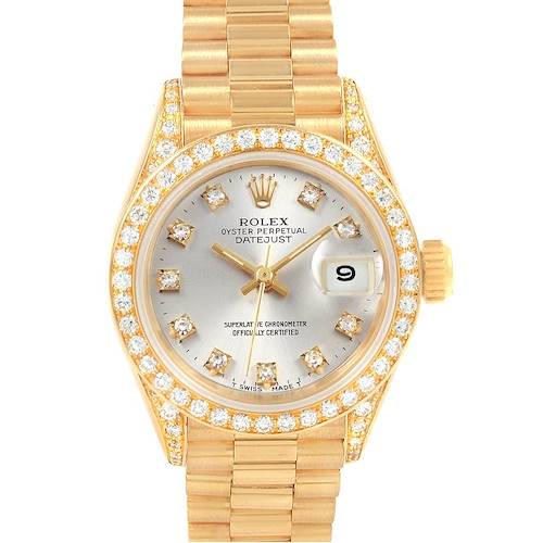 The image shows a frontal view of the Rolex President 69238 Women's Yellow Gold Silver Dial 69238 Women's Yellow Gold Silver Dial model, displaying the dial, bezel, and part of the bracelet.