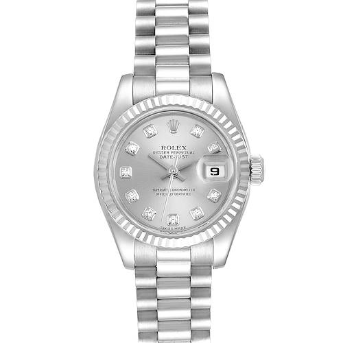 The image shows a front view of the Rolex President 179179 Women's White Gold Silver Dial 179179 Women's White Gold Silver Dial model watch, displaying the dial, fluted bezel, and bracelet.