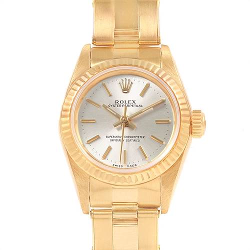 The Rolex President 67197 Women's Yellow Gold Silver Dial 67197 Women's Yellow Gold Silver Dial model watch is shown from a front angle, displaying its dial, bezel, crown, and bracelet.