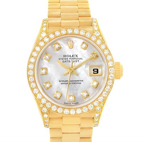 The image shows a frontal view of the Rolex President 69158 Women's Yellow Gold Mother of Pearl Dial 69158 Women's Yellow Gold Mother of Pearl Dial model watch, highlighting the dial, bezel, and part of the bracelet.
