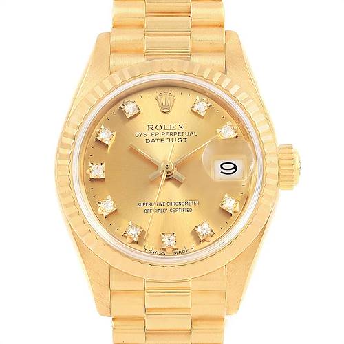 The image shows a Rolex President 69178 Women's Yellow Gold Champagne Dial 69178 Women's Yellow Gold Champagne Dial model watch, displaying the dial, hands, date magnifier, and part of the bracelet from a front angle.