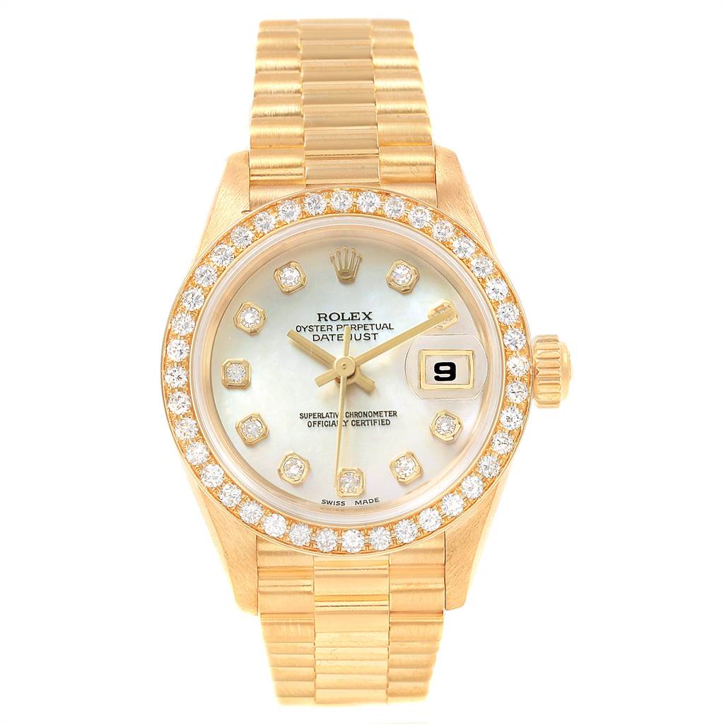 The image shows a front view of a Rolex President 69138 Women's Yellow Gold Mother of Pearl Dial 69138 Women's Yellow Gold Mother of Pearl Dial model watch, displaying the face, bracelet, and crown.