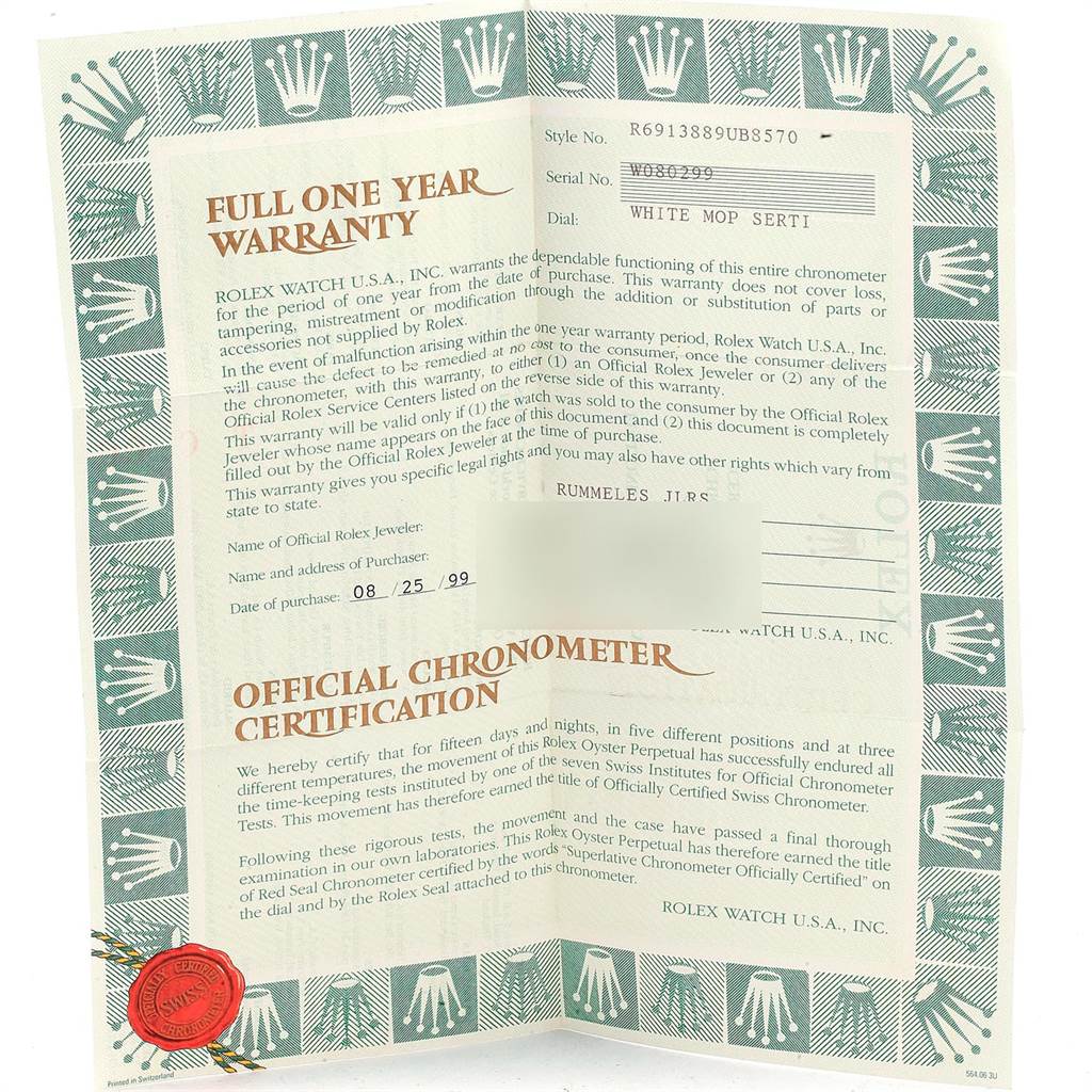 This is a Rolex President 69138 Women's Yellow Gold Mother of Pearl Dial 69138 Women's Yellow Gold Mother of Pearl Dial model warranty card showing serial number, style, certification, and official chronometer certification.