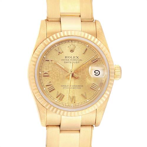 The image shows a frontal view of a Rolex President 68278 Women's Yellow Gold Champagne Dial 68278 Women's Yellow Gold Champagne Dial model watch, featuring its dial, bezel, crown, and part of the bracelet.