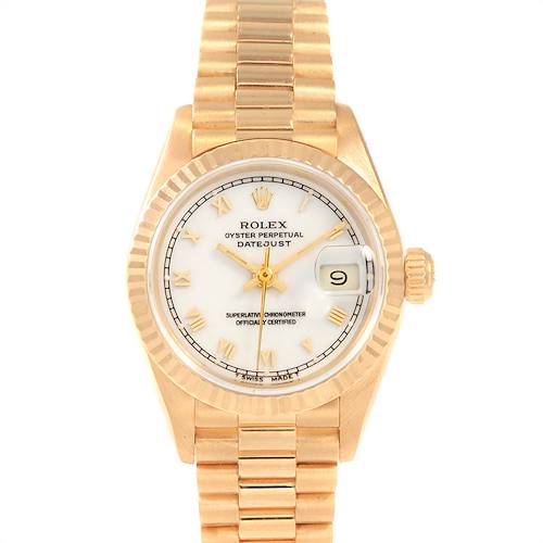 The image shows a front view of a Rolex President 69178 Women's Yellow Gold White Dial 69178 Women's Yellow Gold White Dial model watch, displaying the face, bezel, crown, and part of the bracelet.