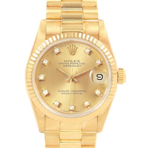The image shows a front view of a Rolex President 68278 Women's Yellow Gold Champagne Dial 68278 Women's Yellow Gold Champagne Dial Datejust model watch, highlighting the gold dial, bezel, and bracelet.