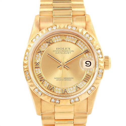 This image shows the front of a Rolex President 68258 Women's Yellow Gold Champagne Dial 68258 Women's Yellow Gold Champagne Dial model, showcasing its dial, bezel, and bracelet.