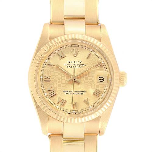 The image shows a frontal view of a Rolex President 6827 Women's Yellow Gold Champagne Dial 6827 Women's Yellow Gold Champagne Dial Datejust watch, highlighting the dial, bezel, and part of the bracelet.