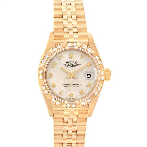 The image shows a frontal view of a Rolex President 79258 Women's Yellow Gold Beige Dial 79258 Women's Yellow Gold Beige Dial model watch, displaying its dial, bezel, and bracelet.