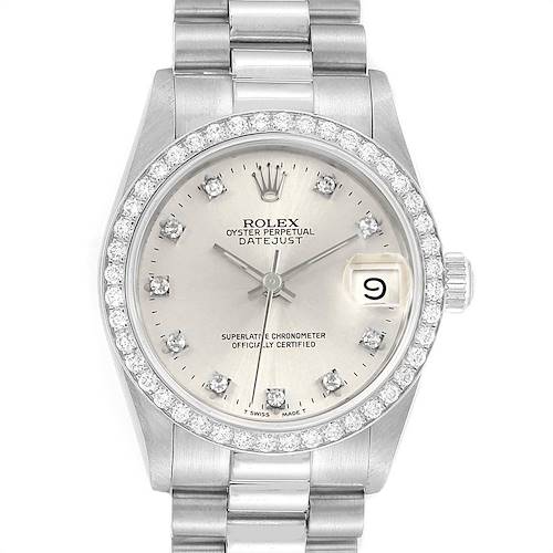 This is a front view of the Rolex President 68286 Women's Platinum Silver Dial 68286 Women's Platinum Silver Dial model watch showing its dial, bezel, bracelet, and the date function.