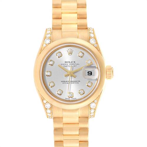 The image shows a frontal view of a Rolex President 179298 Women's Yellow Gold Silver Dial 179298 Women's Yellow Gold Silver Dial model watch, featuring a gold bracelet, diamond markers, and a date display.