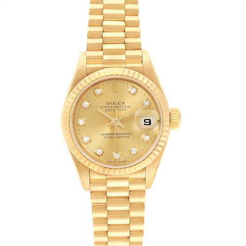 This image shows a front view of a Rolex President 69178 Women's Yellow Gold Champagne Dial 69178 Women's Yellow Gold Champagne Dial Datejust watch, highlighting its dial, bezel, bracelet, and date window.