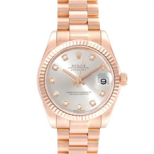 This image shows the front view of the Rolex President 178275 Women's Rose Gold Silver Dial 178275 Women's Rose Gold Silver Dial model watch, highlighting the dial, bezel, and bracelet.