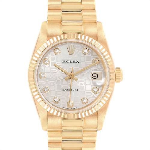 This image shows a frontal view of a Rolex President 68278 Women's Yellow Gold Silver Dial 68278 Women's Yellow Gold Silver Dial Datejust watch, highlighting its dial, bezel, and bracelet.
