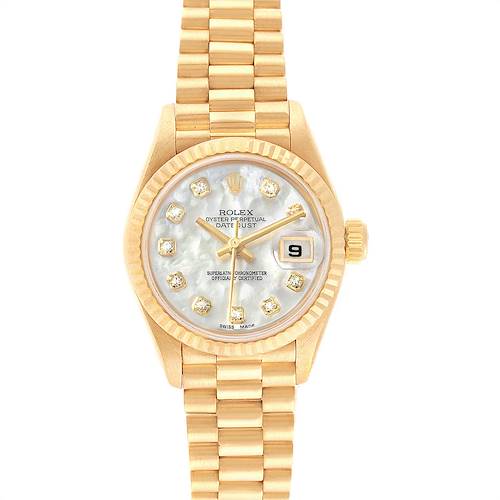The image shows a frontal view of the Rolex President 79178 Women's Yellow Gold Mother of Pearl Dial 79178 Women's Yellow Gold Mother of Pearl Dial model watch, displaying its dial, bezel, and bracelet.