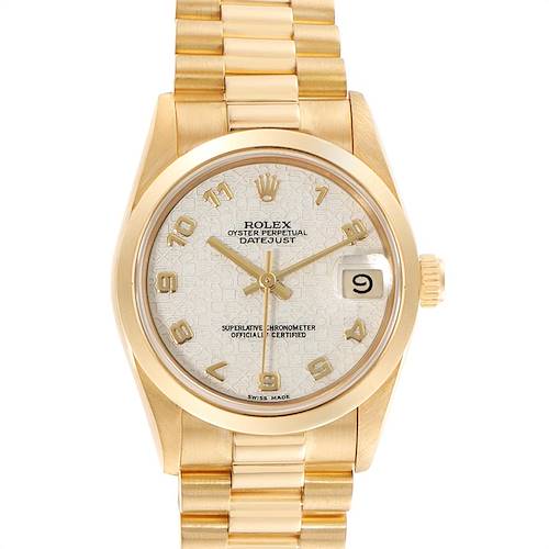 The image shows a front view of a Rolex President 68278 Women's Yellow Gold Beige Dial 68278 Women's Yellow Gold Beige Dial model watch, specifically highlighting the dial, hands, and gold bracelet.