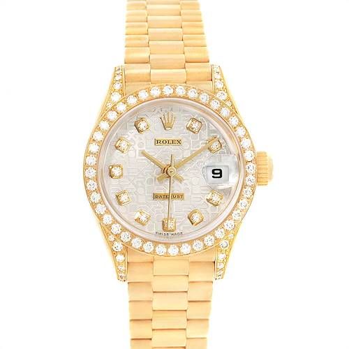 This is a front view of a Rolex President 79158 Women's Yellow Gold Silver Dial 79158 Women's Yellow Gold Silver Dial model watch, showing the dial, bezel, and bracelet.