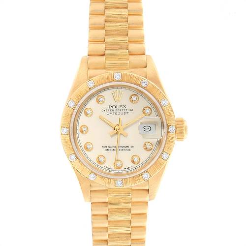The image shows a Rolex President 69288 Women's Yellow Gold Beige Dial 69288 Women's Yellow Gold Beige Dial model watch from a top view, displaying the dial, bezel, crown, and bracelet.