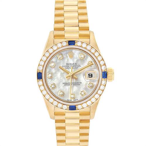 The image shows a Rolex President 69088 Women's Yellow Gold Mother of Pearl Dial 69088 Women's Yellow Gold Mother of Pearl Dial model watch from a front angle, featuring the dial, date display, and bracelet.