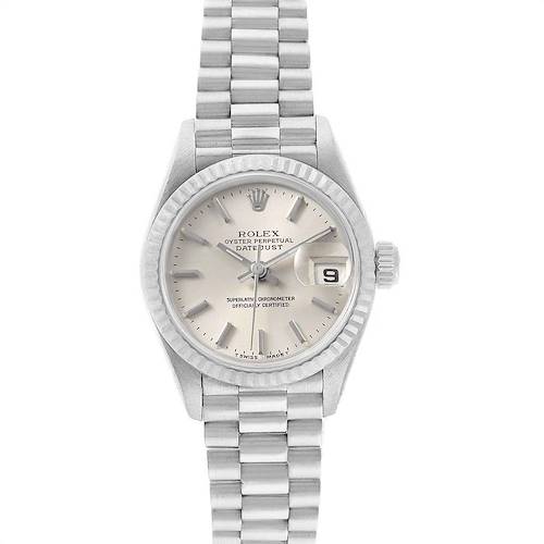 The image shows a front view of a Rolex President 69179 Women's White Gold Silver Dial 69179 Women's White Gold Silver Dial model watch, displaying the dial, bezel, and metal bracelet.