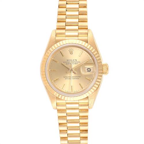 This image shows a front view of a Rolex President 69178 Women's Yellow Gold Champagne Dial 69178 Women's Yellow Gold Champagne Dial model watch, displaying the face, hands, bezel, date, and bracelet.