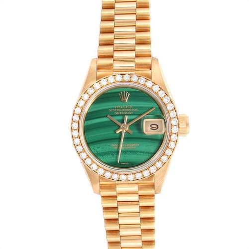 The image shows a Rolex President 69138 Women's Yellow Gold Green Dial 69138 Women's Yellow Gold Green Dial model watch from a front angle, displaying the face, bezel, and bracelet.
