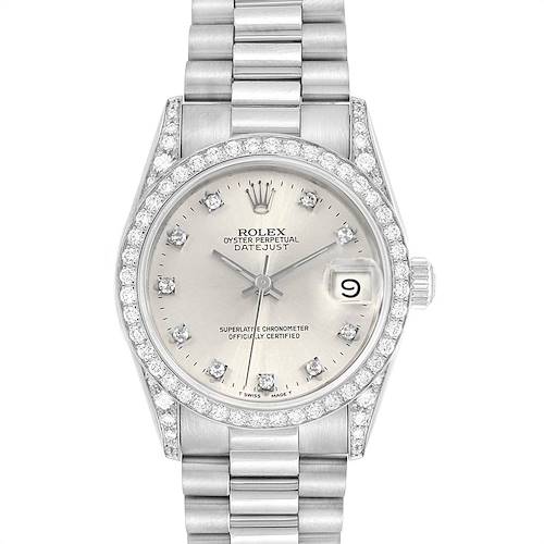 This image shows a Rolex President 68159 Women's White Gold Silver Dial 68159 Women's White Gold Silver Dial model watch from a front angle, displaying its face, bezel, and bracelet.