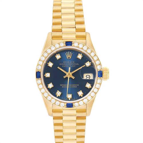 This is a head-on view of a Rolex President 69088 Women's Yellow Gold Blue Dial 69088 Women's Yellow Gold Blue Dial model watch, showcasing its face, bezel, and bracelet.