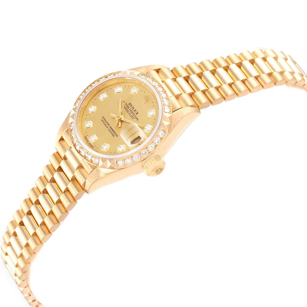 The image shows a side angle of a Rolex President 69268 Women's Yellow Gold Champagne Dial 69268 Women's Yellow Gold Champagne Dial model watch, highlighting the face, bezel, crown, and bracelet.