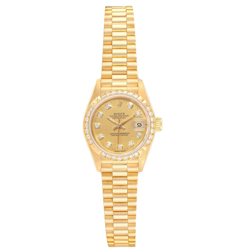 The Rolex President 69268 Women's Yellow Gold Champagne Dial 69268 Women's Yellow Gold Champagne Dial model watch is shown from the front, displaying the face, bezel, crown, and bracelet.
