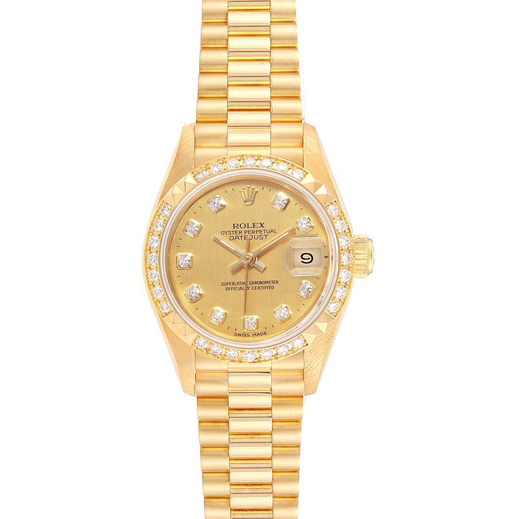 This is a full frontal view of the Rolex President 69268 Women's Yellow Gold Champagne Dial 69268 Women's Yellow Gold Champagne Dial model watch, showcasing the dial, bezel, and bracelet.