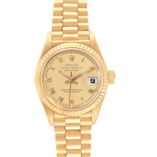 The image shows a gold Rolex President 69178 Women's Yellow Gold Champagne Dial 69178 Women's Yellow Gold Champagne Dial model watch from a front angle, displaying the dial, bezel, crown, and bracelet.