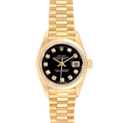 This image shows a frontal view of a Rolex President 69178 Women's Yellow Gold Black Dial 69178 Women's Yellow Gold Black Dial model watch, highlighting its black dial, gold case, and gold bracelet.